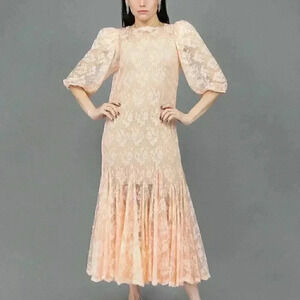 Vintage Pink Floral Lace Dress Small Puff Sleeve Summer Formal Midi Ruffle Dress